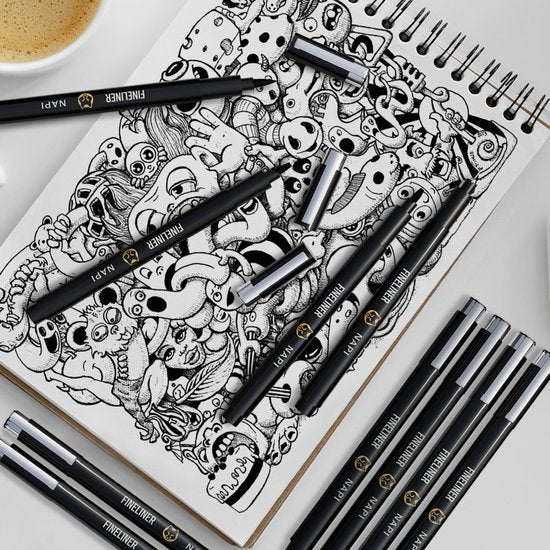 NAPI 10 Fineliners Noirs avec Stylo Pinceau et Règle - 0.2 à 3mm - Stylos Noirs - Accessoires Bullet Journal - Set de stylos à dessin