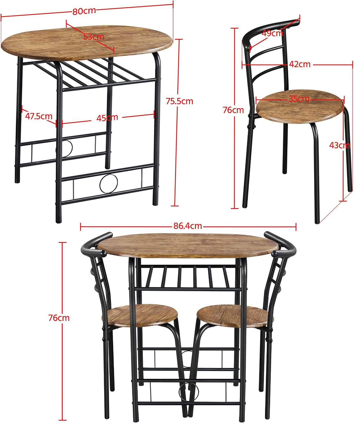 Ensemble de table à manger Yaheetech pour 2 personnes - Table 80 x 53 x 75,5 cm avec 2 chaises - Avec étagère de rangement - Marron