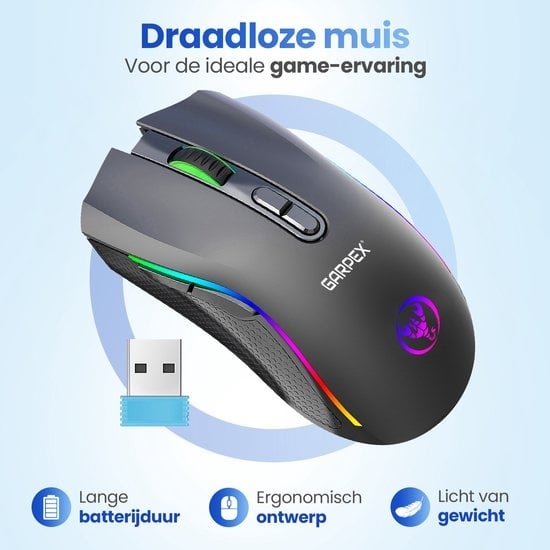 Garpex® Silent Wireless Mouse - Gaming Mouse - Computer Mouse - Mouse Wireless - With LED Lighting - Rechargeable - Black