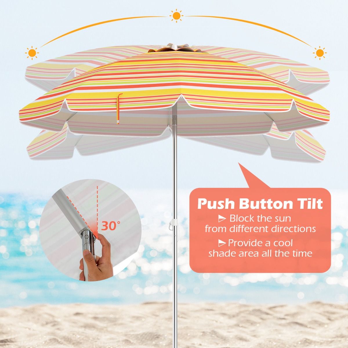 Parasol de plage Coast Ø198 x 206 cm - Rouge/Jaune - Parasol portable avec ancre de sable et sac de transport