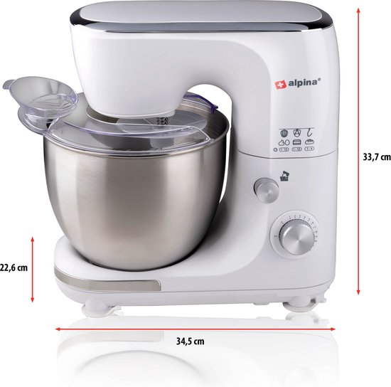 alpina Food Processor - Robot de cuisine - Bol mélangeur en acier inoxydable 5L - 3 Accessoires - Blanc