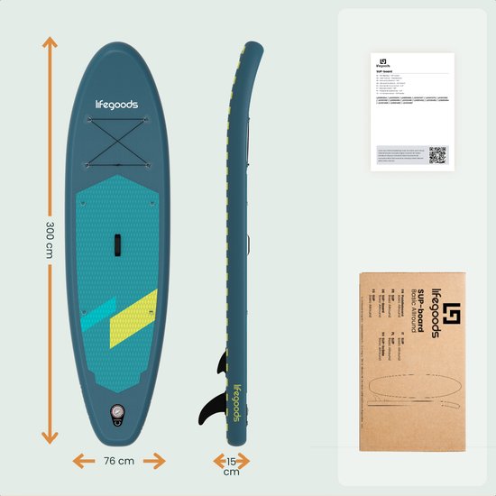 LifeGoods SUP Board All-round Compact - avec siège - capacité de charge de 100 KG - 300 x 76 cm - gonflable - ensemble complet de SUP - Cyan/Vert foncé