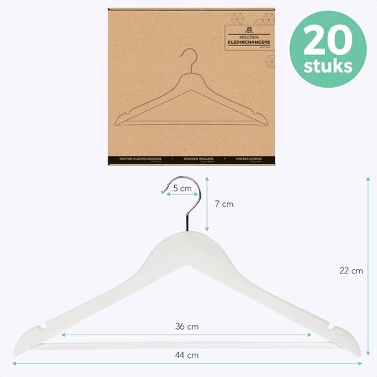 LifeGoods Cintres - Avec barre de pantalon - Bois dur - Blanc - 20 pièces