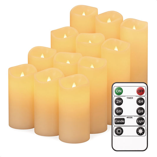 Luft - Bougies émoussées LED réalistes - 12 pièces - Télécommande incluse - Fonction minuterie - Dimmable - Cire véritable - Beige