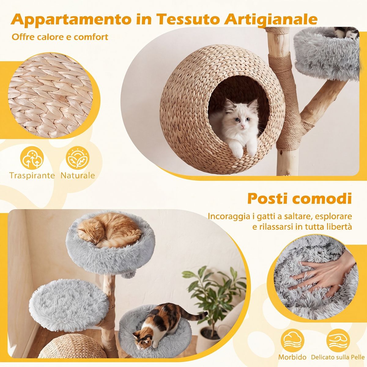 Arbre à chat Coast à cinq étages - niche pour chat tressée à la main - poteaux à griffer en jute - gris