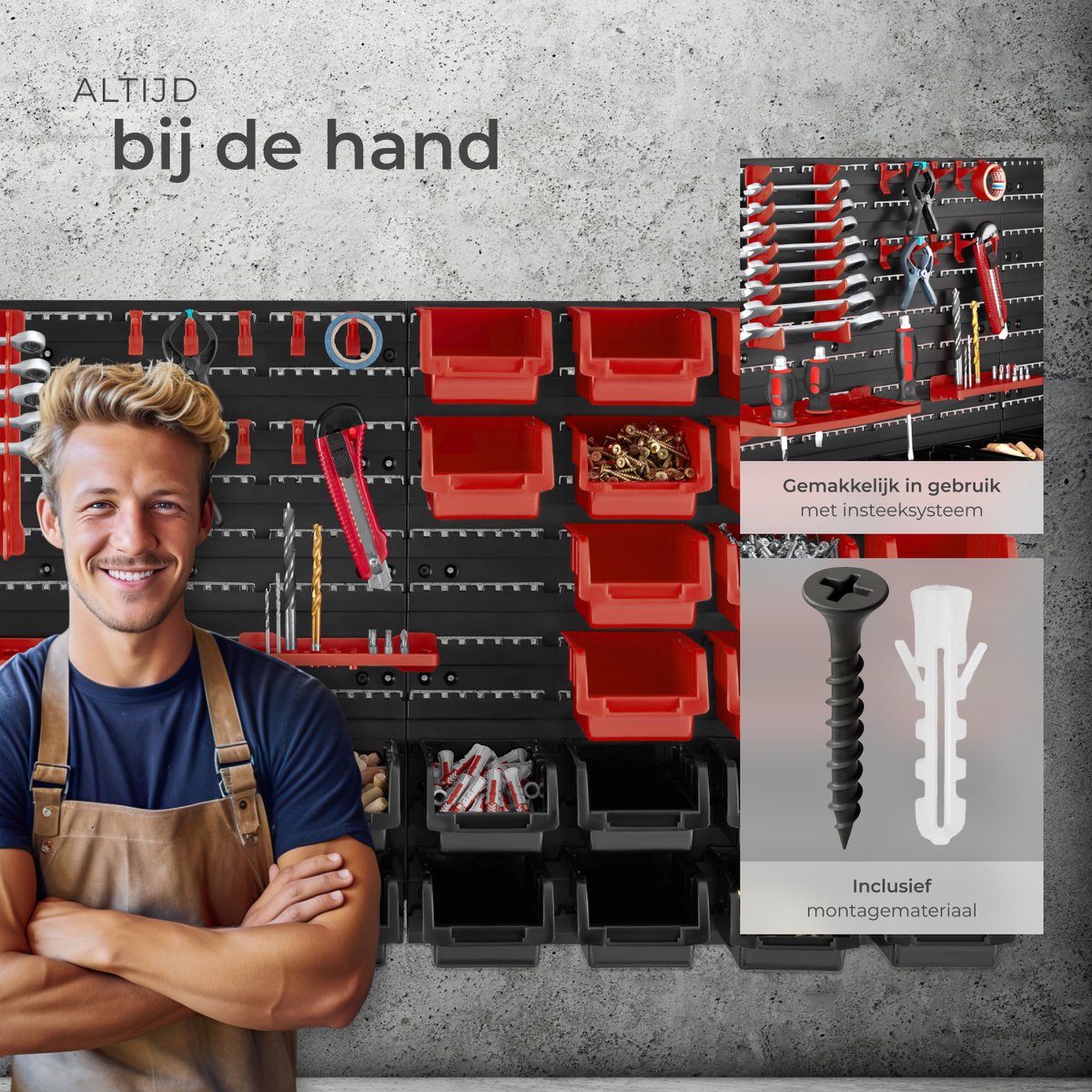 tectake mur d'outils d'atelier - 96x17x54 cm - Noir/Rouge - 28 Bacs de rangement et supports muraux