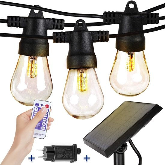 SHINE - Guirlande lumineuse d'extérieur - Guirlande lumineuse à énergie solaire - Cordon d'allumage à leds solaires - Éclairage de fête - Guirlande d'ampoules - Éclairage de jardin - Éclairage d'ambiance vintage - 15 ampoules à leds enfichables avec téléc