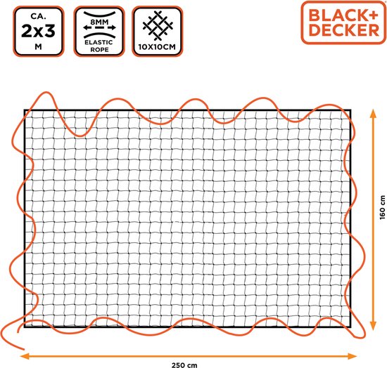 BLACK+DECKER Filet de remorque - 2 x 3 M - Elastique extensible - Dans sac de rangement - Noir