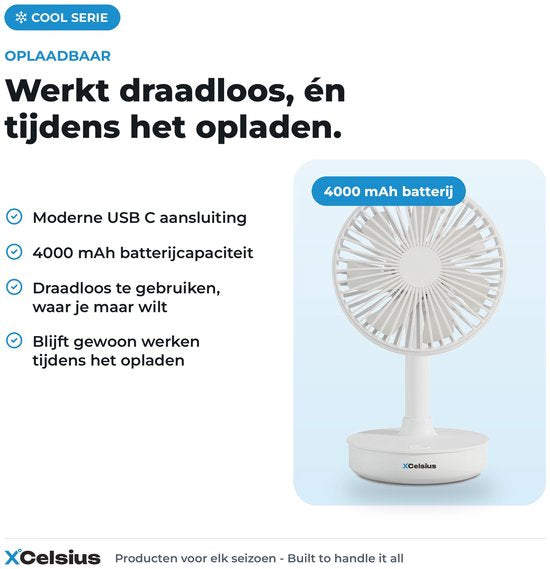 Ventilateur de table sans fil XCelsius® - Ventilateur de bureau, de table et de poste de travail - Rechargeable via USB-C - 4 vitesses - Mode oscillant - Inclinable - Utilisable pendant la recharge - Blanc