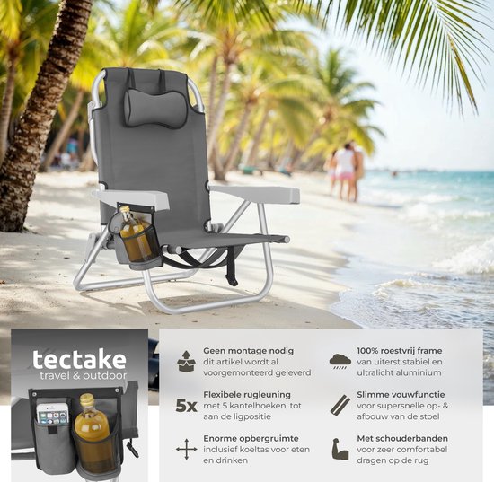 tectake® Beach Chair Coral - Chaise de camping pliable avec sac isotherme et sac de rangement - Dossier réglable en 5 directions avec coussin de tête - Accoudoirs larges avec porte-gobelet / porte-téléphone - Chaise de camping pliable - Gris
