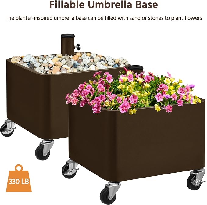 Yaheetech : Pied de parasol mobile à remplir, 330 lbs - Marron - Avec jardinière et roulettes