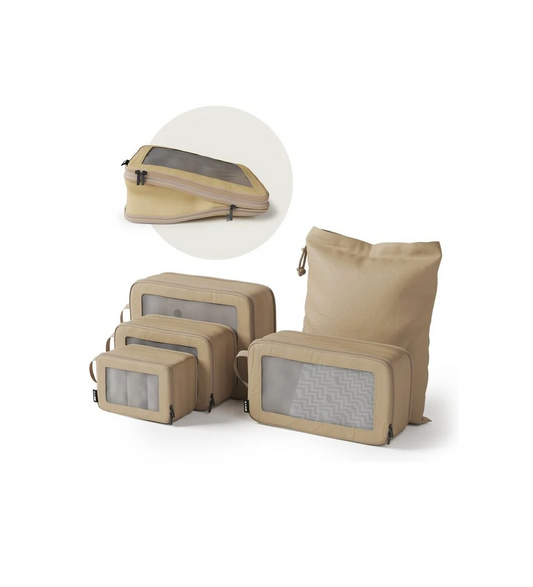 Cubes de Compression ONYX - 5 pièces - Set d'organiseurs de valise - Fermeture à glissière de compression - Pour valises et sacs - Compression de bagages & sac à dos - Beige