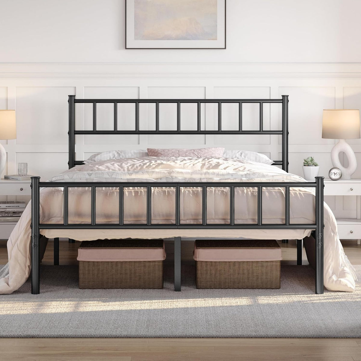 Cadre de lit Yaheetech 4ft6 - 500 kg - Avec tête de lit - Espace de rangement de 32 cm sous le lit - Noir