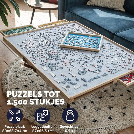 BREND BR-2224 Plateau de puzzle réglable avec 4 tiroirs pour 1500 pièces - Plateau de puzzle avec couvercle transparent - Table de puzzle avec feutre et système de rangement