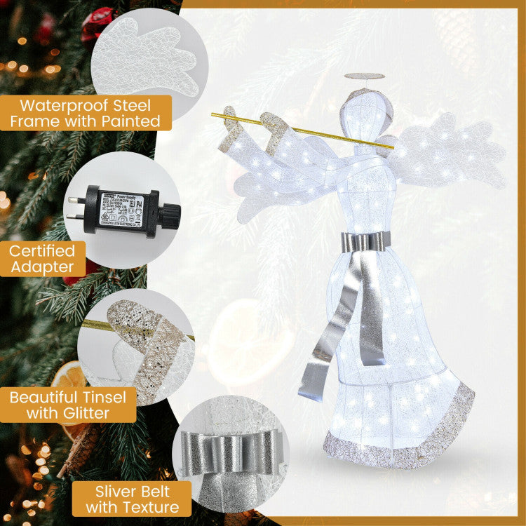 Ange illuminé Décoration de Noël - 150 cm de haut - Blanc et or - 100 LED - Pour l'intérieur et l'extérieur