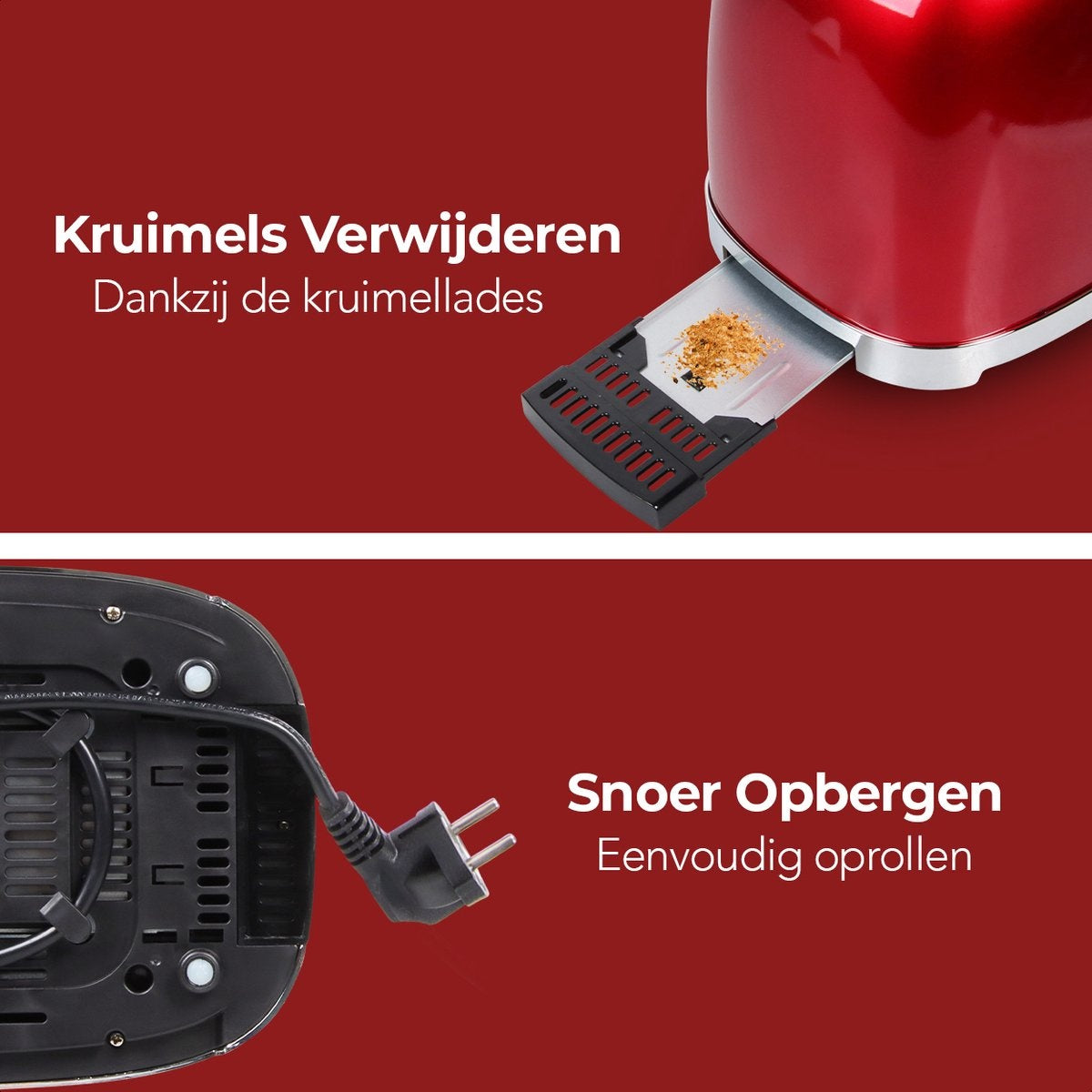 KitchenBrothers Grille-pain rétro - 6 niveaux de chaleur - 2 fentes extra-larges - 1630W - Fonction de réchauffage et de décongélation - Rouge