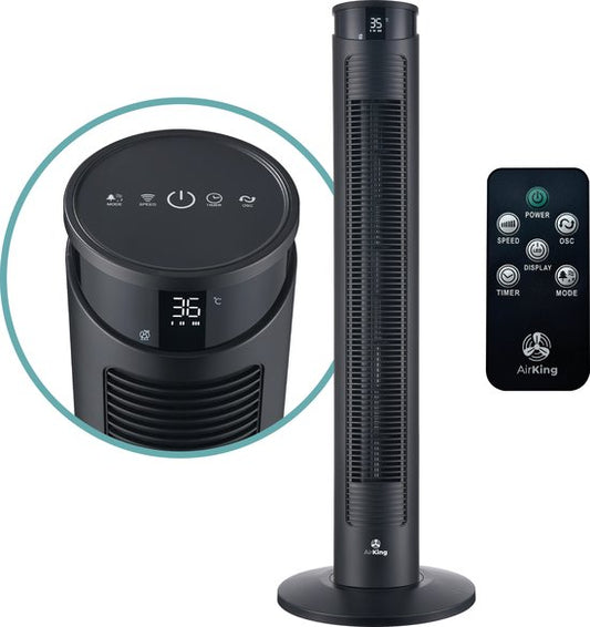 AirKing Ventilateur de Tour 94cm - Ventilateur de Colonne avec Télécommande - Minuterie - 3 Réglages de Vitesse - Oscillation & Ecran LED Dimmable - Efficace en Energie - Ventilateur de Refroidissement pour la Chambre - Noir