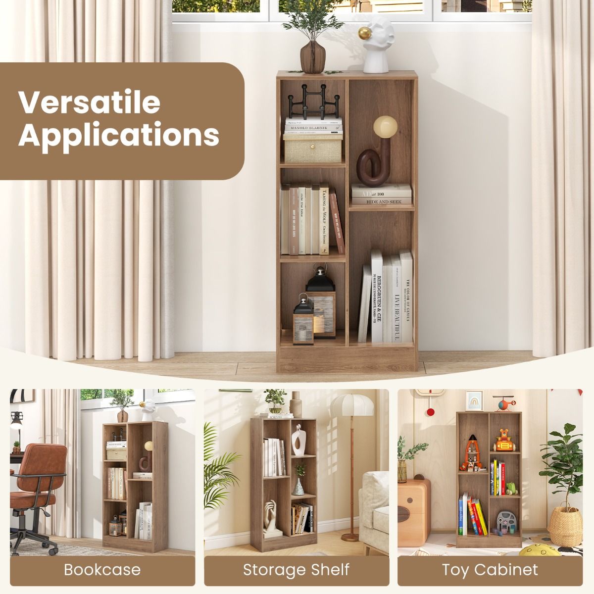 Coast - Bibliothèque à 5 compartiments - Rayonnage à cube vertical, protection contre le basculement, capacité de 90 kg - 50 x 24 x 104 cm - Bois/MDF - Bois naturel