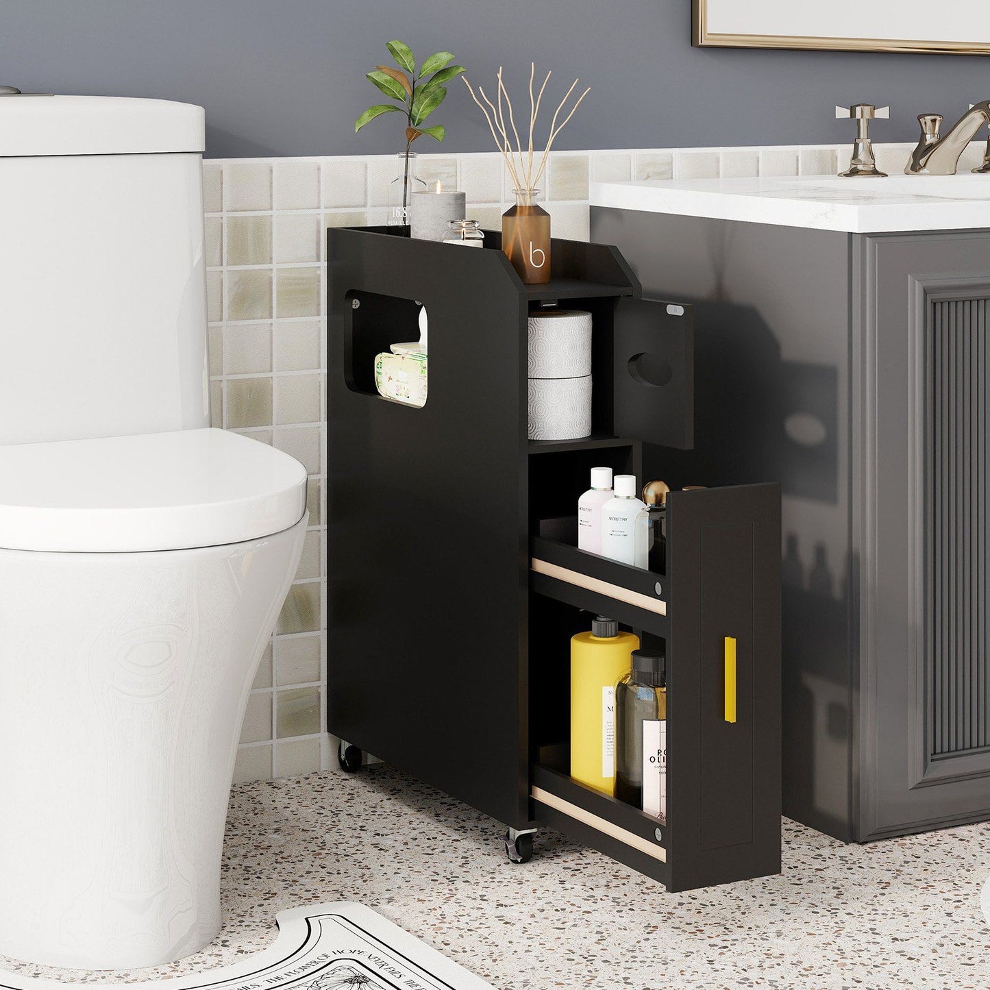 Coast : meuble de salle de bains étroit avec tiroir coulissant et porte-brosse de toilettes - 50 x 16 x 69 cm - Noir