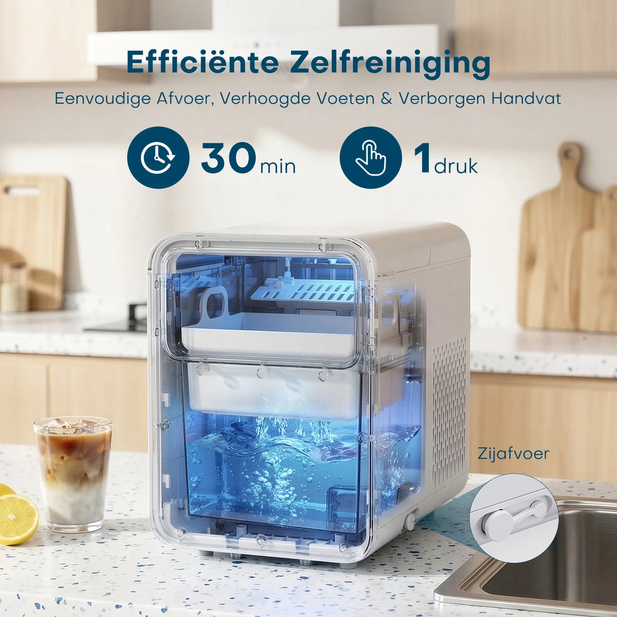 Machine à glaçons CONOPU – Autonettoyante, 9 glaçons sphériques en 6 à 8 min, 2 tailles de glaçons, 12 kg/jour, 1,5 L, silencieuse et compacte – 35 × 23 × 30 cm, bleu glacier