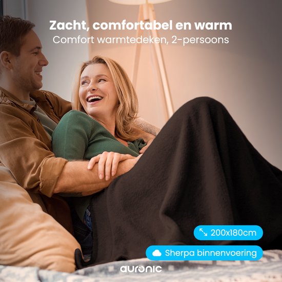Couverture électrique Auronic - Couverture chauffante - Polaire Sherpa - 9 réglages de chaleur et de minuterie - Couverture - 200x180 - 2 personnes - Marron