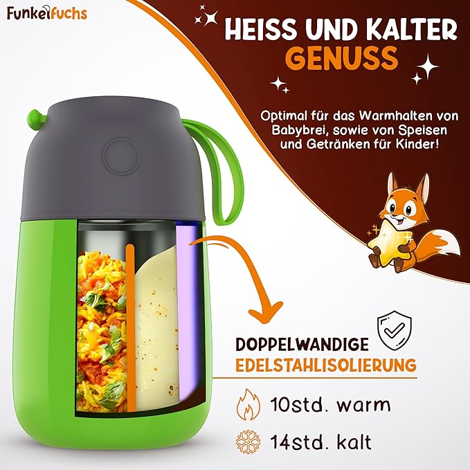 Funkelfuchs® Thermo cup pour aliments pour enfants - 500ml, green trigger - 100% étanche - chauffe aliments en acier inoxydable - thermo cup food - thermo lunch box kids - baby food warmer