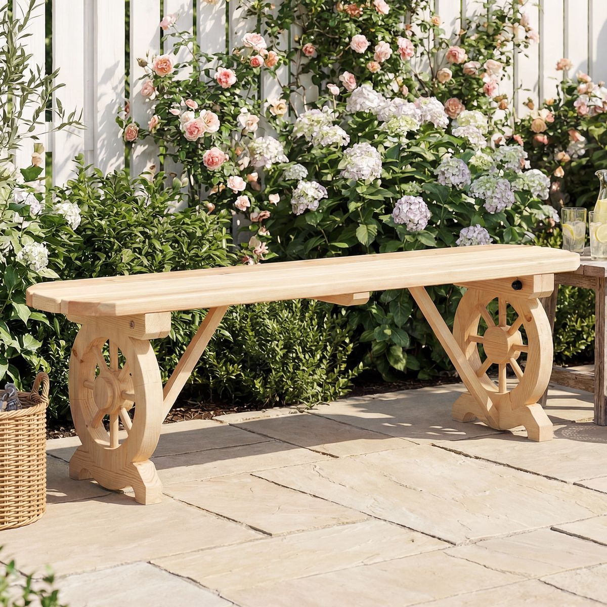 Banc de terrasse en bois Coast - pieds en forme de roue de charrette - pour deux personnes - couleur naturelle