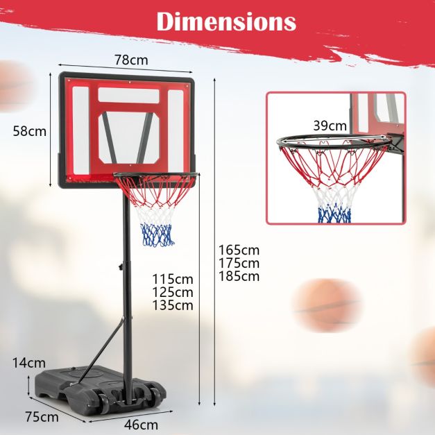 Anneau de basket réglable Coast pour piscine - 165-185 cm de haut - rouge - Support de basket portable pour enfants, adolescents et adultes