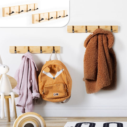 Gadgy Porte-manteau suspendu - Porte-manteau mural en bois - Porte-manteau enfant avec 8 crochets rabattables noir - Porte-manteau mural en bambou - Lot de 2 - Max. Capacité de charge de 15 kg