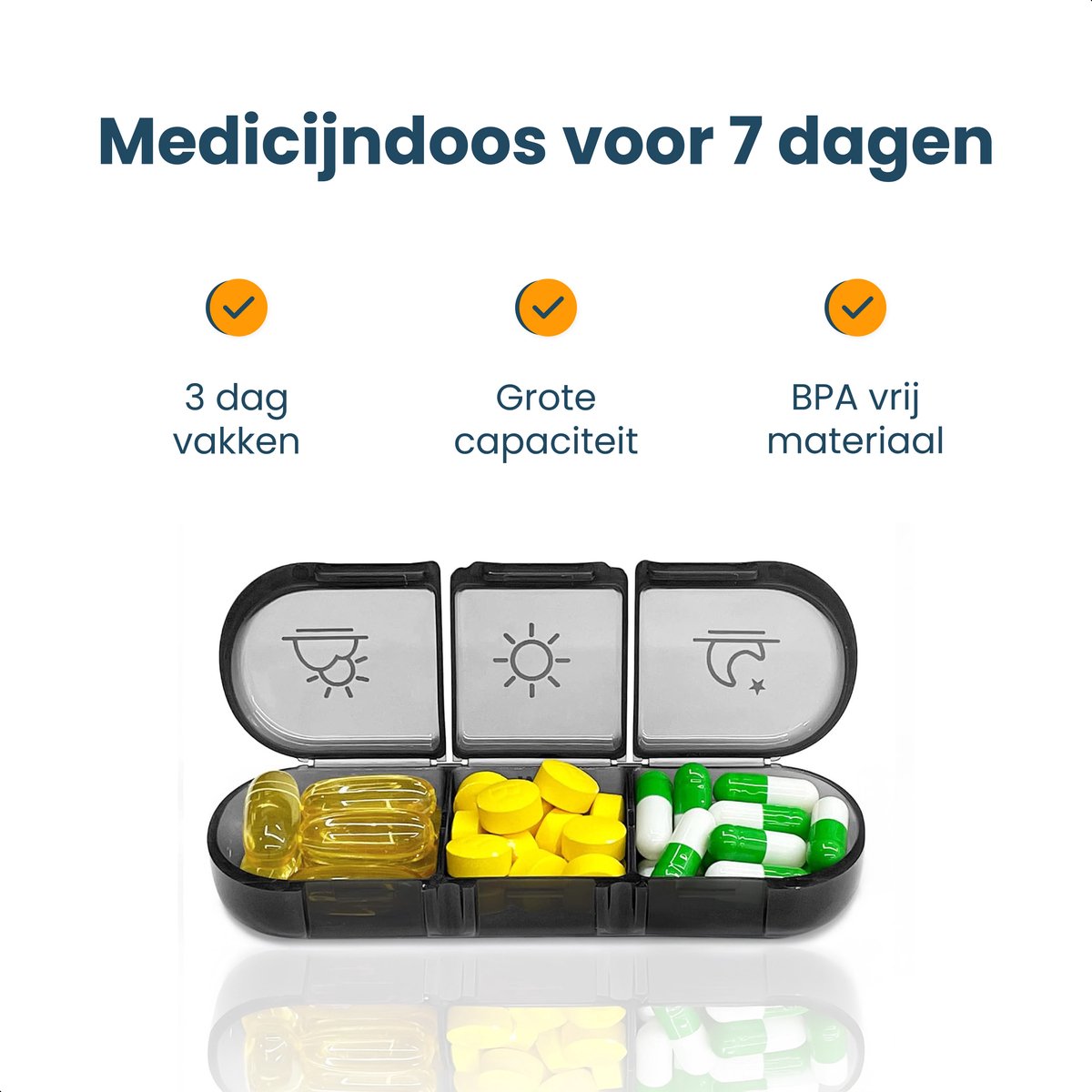 Alyze Medicine Box 7 Days Black 15.6 x 12 x 4.2 cm - Boîte à pilules sans BPA avec 3 compartiments par jour - Boîte à médicaments compacte et durable