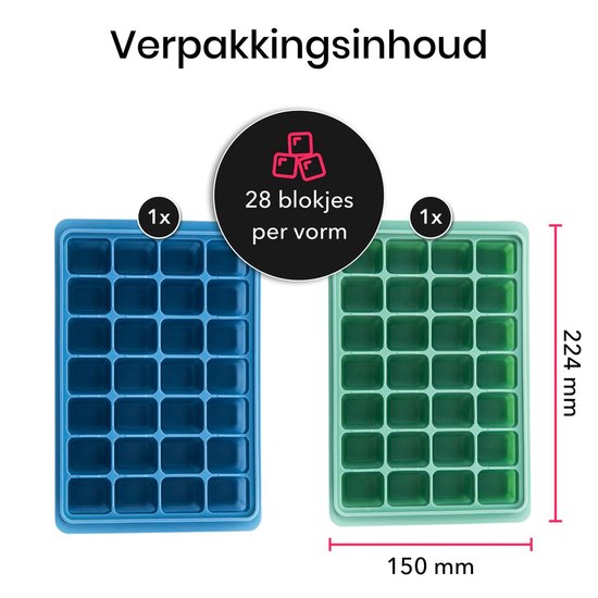 KitchenLove Moule à glaçons en silicone avec couvercle (2 pièces) - 56 glaçons - Carré - Sans BPA - 100% Silicone - Vert & Bleu
