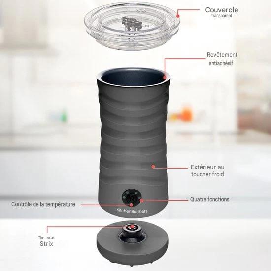 KitchenBrothers Mousseur à lait électrique - 4 en 1 - 240 ML - Mousseur à lait pratique - Anthracite
