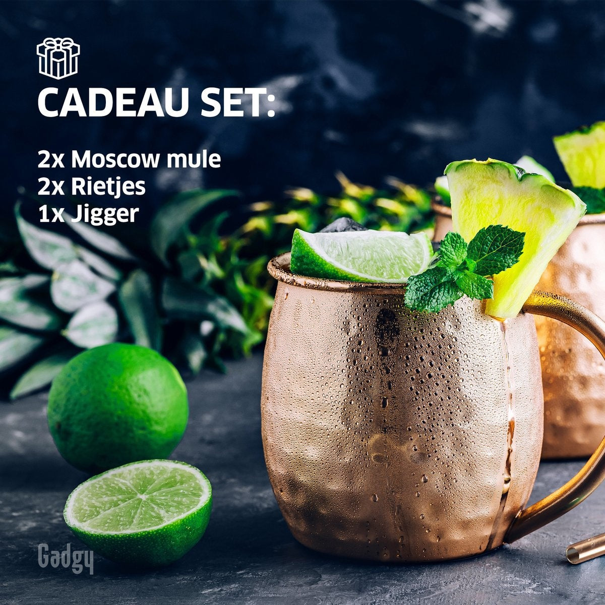 Gadgy Moscow Mule Cups Set - 100% Copper - Set cocktail : 2 verres à cocktail, 2 pailles et 1 mesure de bar
