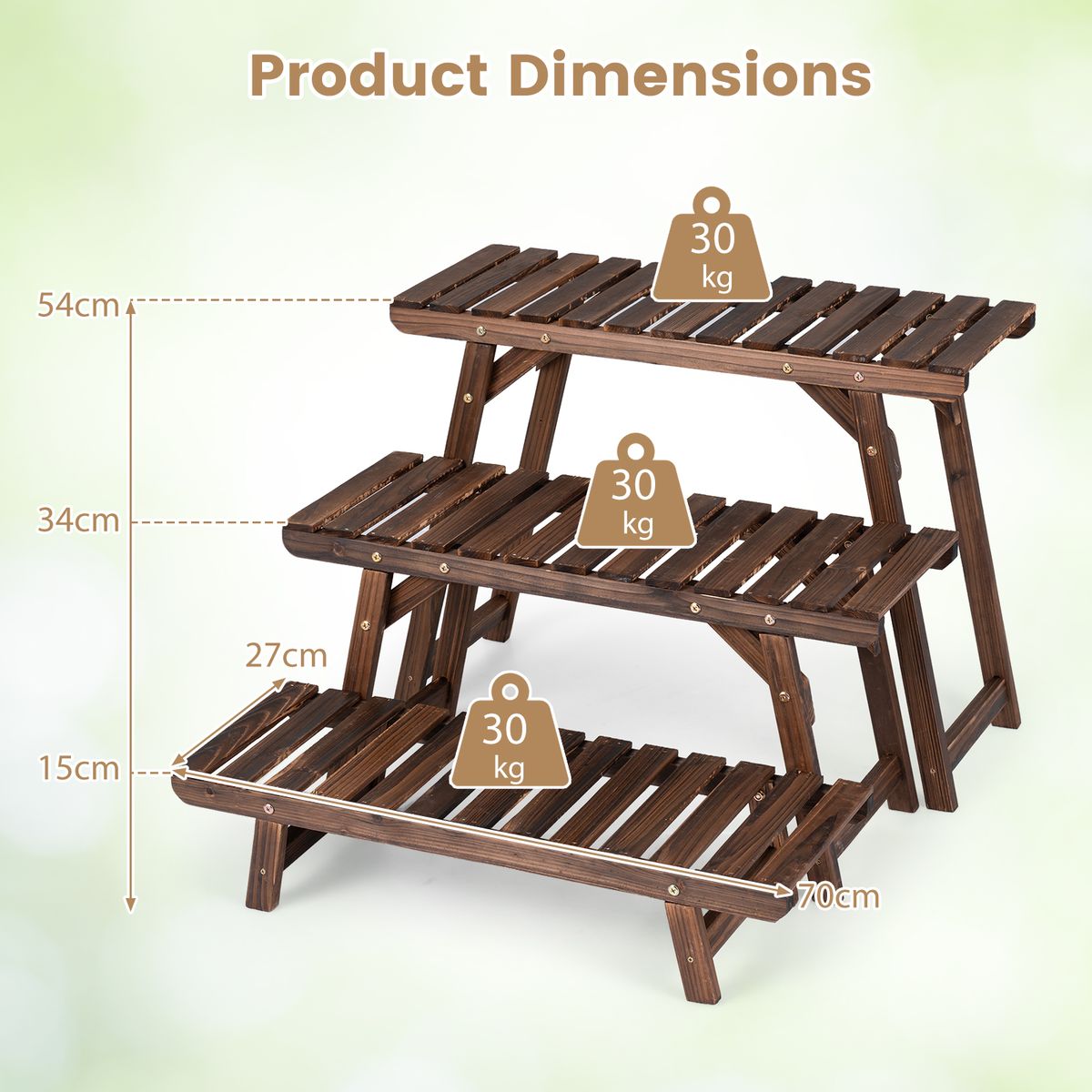 Ensemble de 3 supports pour plantes Coast - 3 niveaux - bois de pin carbonisé - marron