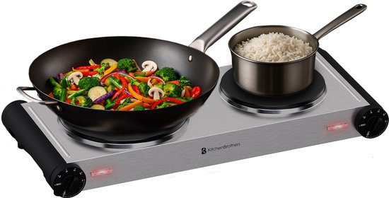 KitchenBrothers Table de cuisson électrique - 2 brûleurs - pose libre - 7 niveaux de température - 1500W + 1000W - inox/noir