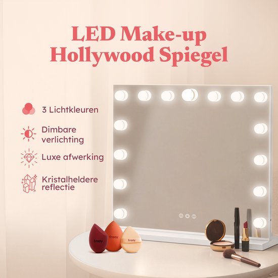 Fraay® Hollywood Mirror with Lighting 60x50cm - 3 Light modes - Luxury Make Up Mirror with 10x Magnification Mirror - LED Lighting Dimmable - Incl. 2 Beauty Blenders and Powder puff