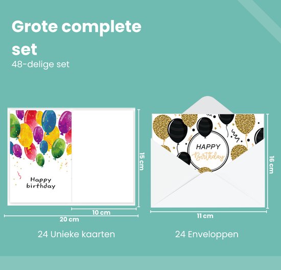 Feestio cartes d'anniversaire avec enveloppe - Carte d'anniversaire - 24 pièces - 10,5 x 14,8 cm