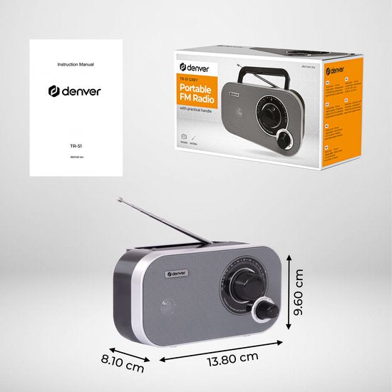 Denver FM Radio Retro - Fonctionne sur batterie ou sur secteur - Radio de cuisine - Radio portable - TR51 - Gris