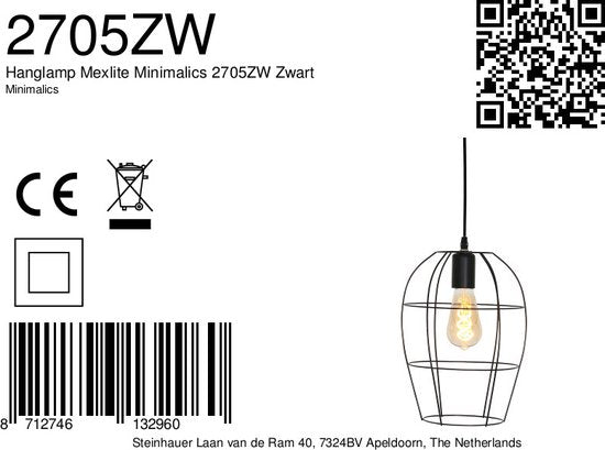 Suspension Minimalics 2705ZW – Noire, réglable de 35 cm à 185 cm, design scandinave, avec douille E27, de la marque Mexlite, fabriquée en métal, en plastique et avec des composants électroniques