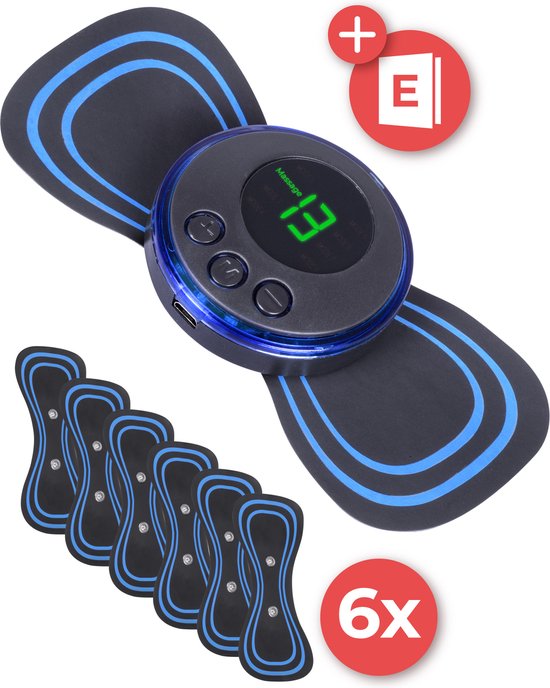 Nuvance - Appareil de massage EMS avec commande - Livret et 6 tapis de massage réutilisables inclus - Stimule la circulation - Convient pour le dos, les bras et les jambes - Sans fil - 8 niveaux et 19 intensités - Noir/Bleu