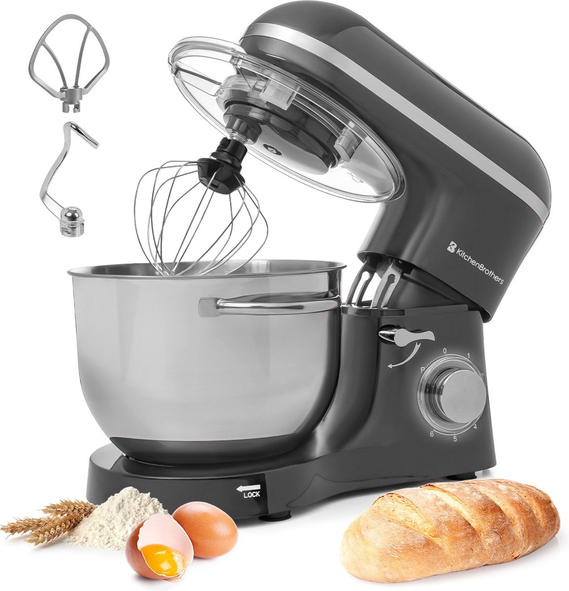 KitchenBrothers Food Processor - Mixeur de cuisine avec bol de 6L en acier inoxydable - Robot de cuisine - 1400W - Anthracite