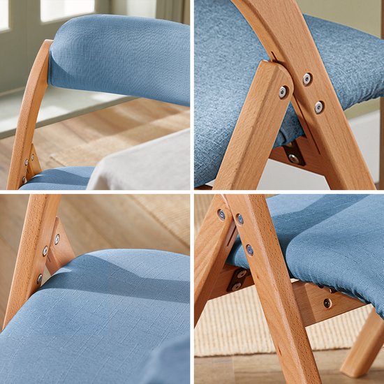 SoBuy Chaise pliante en bois avec coussin d'assise rembourré, chaise de bureau, chaise de salle à manger, Nature/Bleu, 47,5x77x59 cm, FST92-BL - pour salle à manger, balcon ou bureau