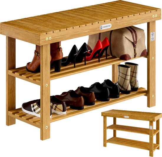 Casaria Shoe Rack - Banc 3 étagères 90x33x46cm - Bois d'acacia
