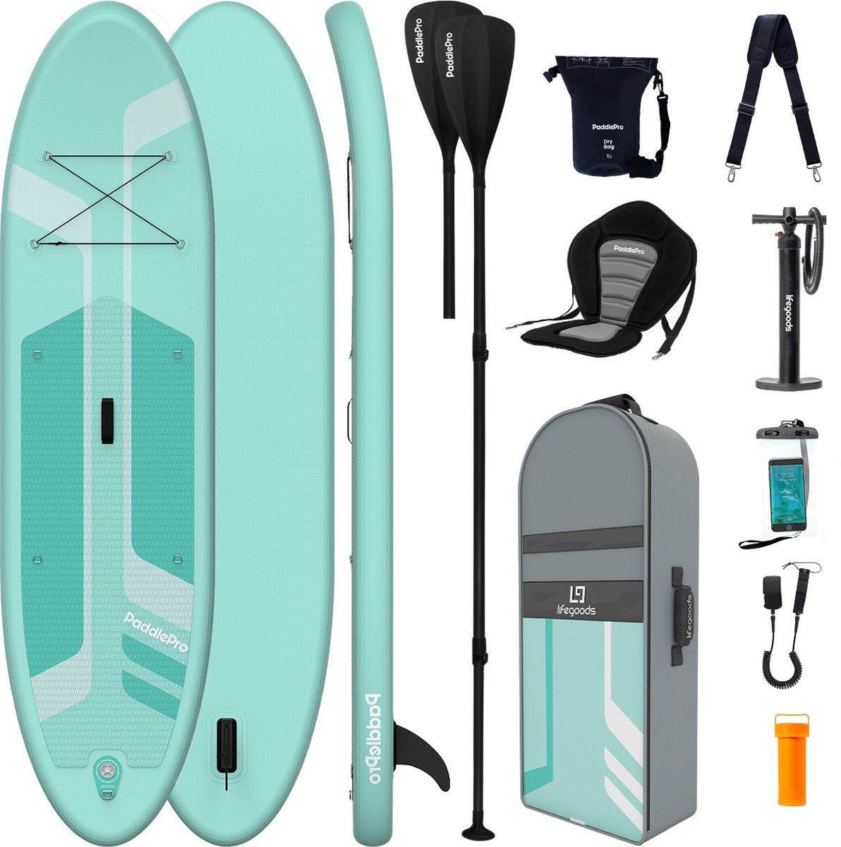 LifeGoods SUP Board - Deluxe Set - avec siège - Planche à pagaie gonflable - Max. 135KG - 320x81cm - Vert menthe