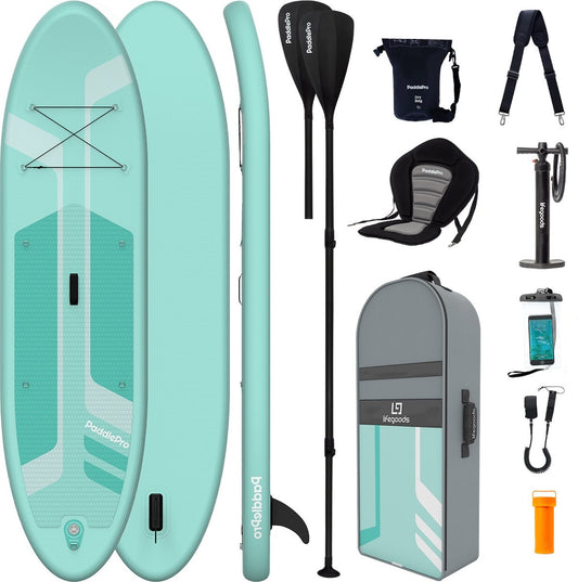 LifeGoods SUP Board - Deluxe Set - avec siège - Planche à pagaie gonflable - Max. 135KG - 320x81cm - Vert menthe