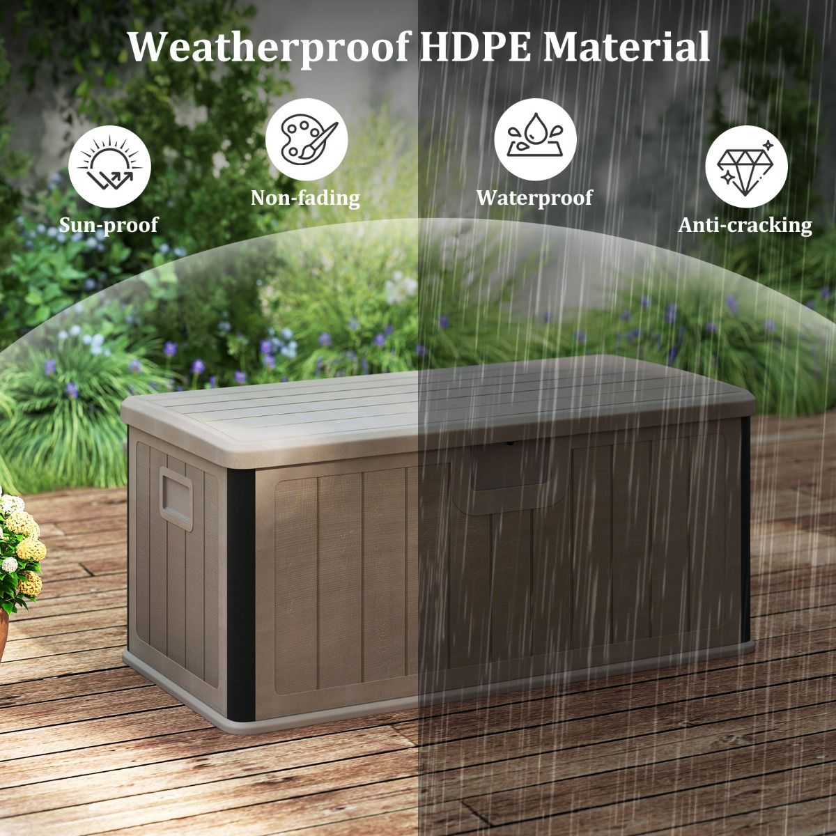 coast Garden Box 378 L - 130x64x59 cm - Boîte à coussins imperméable avec couvercle verrouillable - Marron