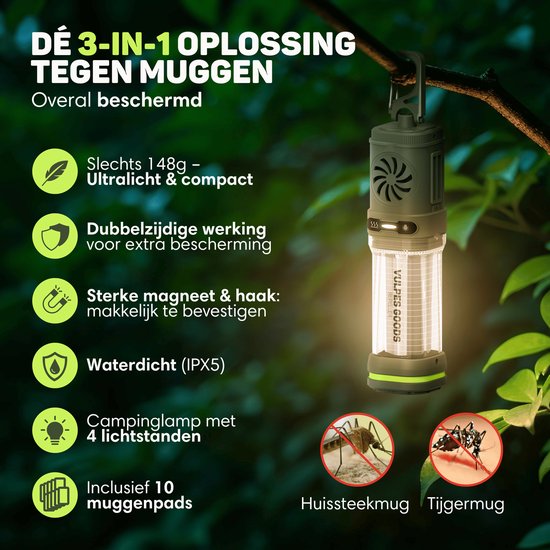 Répulseur Vulpes Goods® - Répulseur de moustiques 3 en 1 - Lampe anti-moustiques rechargeable, Powerbank et lumière - Pour le voyage, le camping, la randonnée - Intérieur et extérieur - 400LM - Magnétique - 10 coussinets parfumés supplémentaires inclus