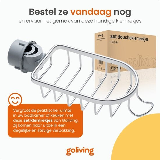 Goliving Support de douche suspendu - Support de douche - Sans perçage - Support de cuisine - Organisateur d'évier - Accessoires de salle de bain - Lot de 2 - Argenté