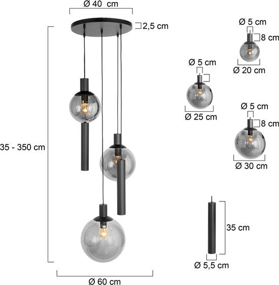Steinhauer - lampe suspendue - Bollique LED - noir - verre métal verre fumé - Ø 60cm - E27 GU10 - 3800ZW