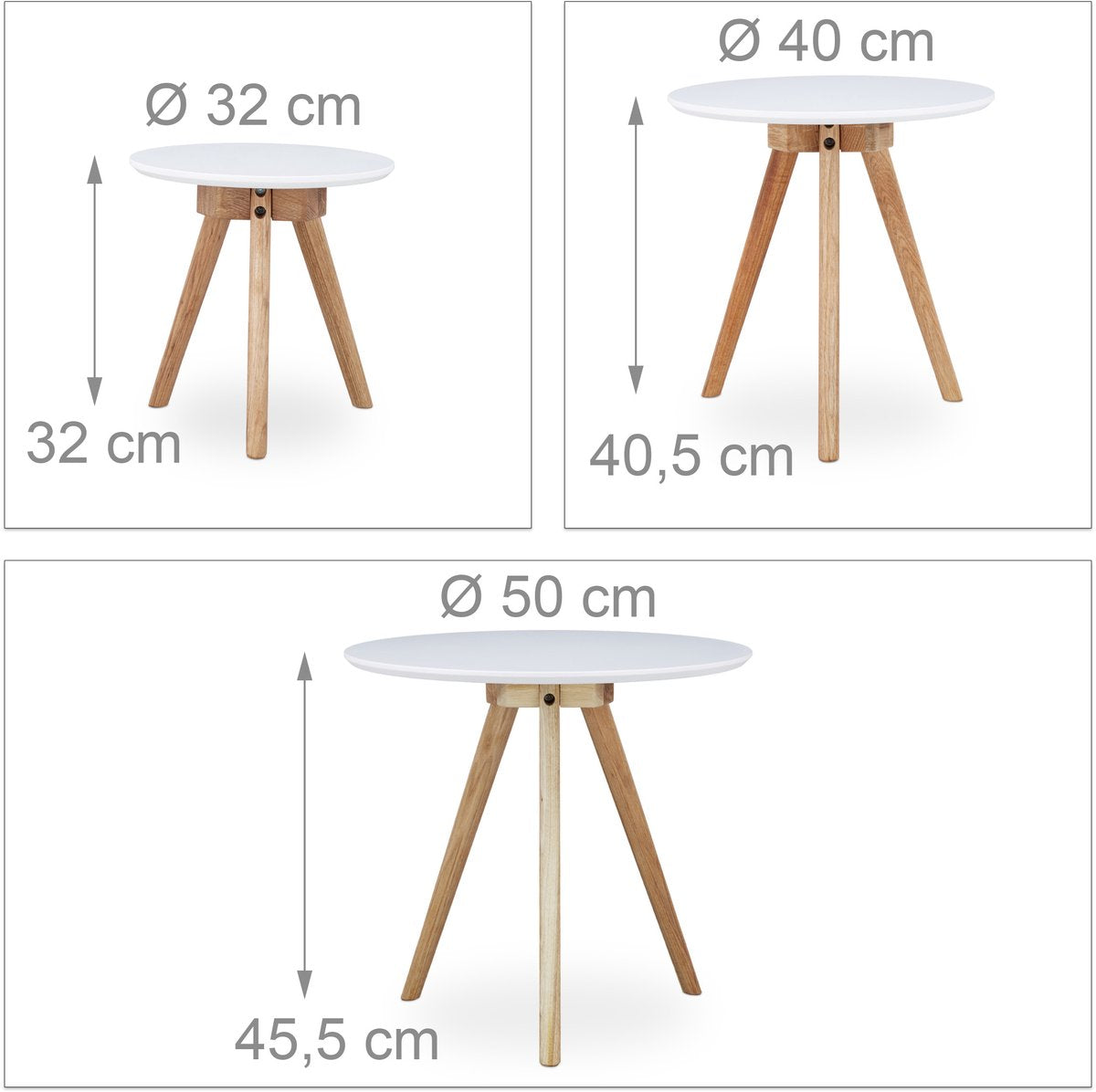 Ensemble de 3 tables d'appoint WOLTU Blanc/Noyer - 50, 40 et 32 cm - Rondes - Emboîtables